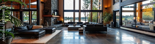 Modern Rustic Haven: Soaring windows frame serene lake views in this luxurious open-concept living room, where sleek modern furnishings meet cozy rustic charm. 