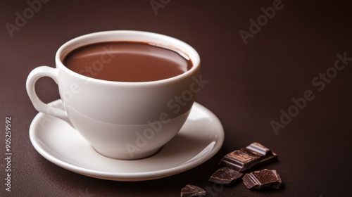 A luxurious dark chocolate mocha in a white ceramic cup, with a deep chocolate brown background to match the drink