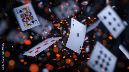 Playing cards falling in the air with fiery particles and dark background.