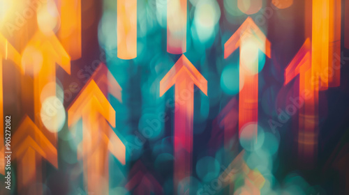 Vibrant arrows shoot upwards through a colorful, illuminated bokeh backdrop, symbolizing progress and energy.