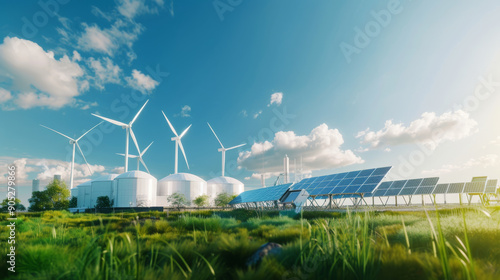 A harmony of renewable energy sources with wind turbines and solar panels under a clear, bright sky, showcasing sustainable energy production.