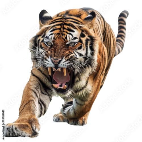 Fierce tiger in mid-roar, moving forward with powerful strides. Vivid stripes, sharp teeth, and intense eyes showcase its raw strength.