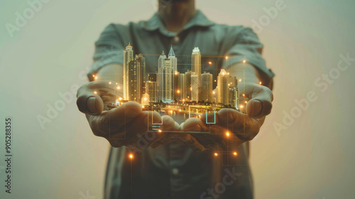 A person presents a miniature high-tech cityscape glowing with lights, symbolizing modern urbanization and innovation.