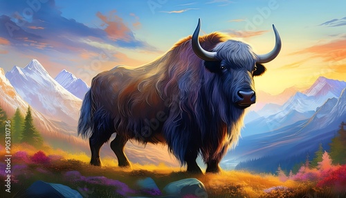 illustration of of yak in a mountain ecosystems