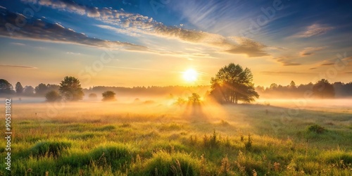 A peaceful misty morning meadow with the sun rising in the background, peaceful, sunrise, misty, grass, tranquility, rural, landscape, field, trees, meadow, foggy, tranquil, tranquil, beauty