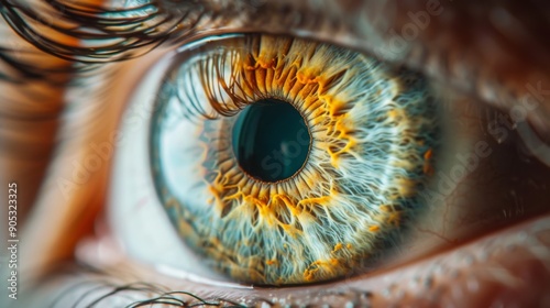 Intricate Iris Close-Up, a detailed view of a human iris showcasing complex patterns, vibrant color variations, and a reflection in the pupil, highlighting its unique beauty.