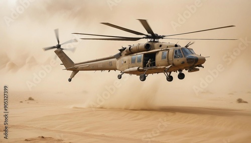 a group of soldiers marching through the dusty desert and support helicopters flying overhead 