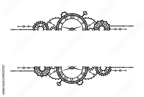 Black frame made of clock-face, different gears, cogwheels and chains on a white background with place for text. Vintage horizontal border. Steampunk. Vector design template for banner, poster, label