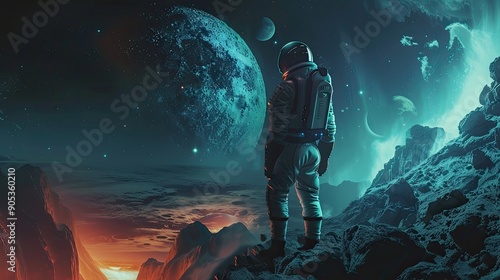 Astronaut Exploring Alien Landscape While Gazing at Distant Planets and Stars in Futuristic Sci-Fi Adventure