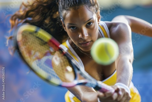 Athletic woman playing tennis with intense focus and motion