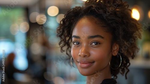 A relaxed image of a woman with natural curly hair, sitting comfortably in an Afro-centric salon, exuding confidence and grace with delicate lighting accentuating her features.