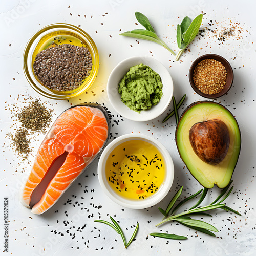 nourishing options for healthy fats: salmon, avocado, oils, and nuts. emphasizing selectivity isolated on white background, minimalism, png