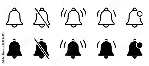 Notification icon set. New message sign. Ringing bell symbol. Alarm alert pictogram. Mute reminder illustration.