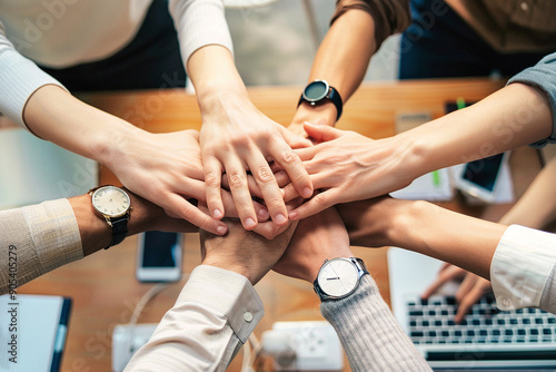 Teamwork. Collaboration. Colleagues fist bumping at meeting. Photo from above.