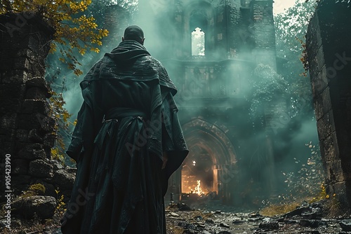 Medieval bald monk in long robe, hood in dark autumn forest with yellow leaves on abandoned temple, monastery background, fire burns in windows. A tramp in torn clothes seeks shelter, place to sleep