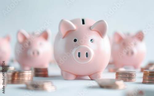 3D piggy bank with a piggy bank army, multiple savings, financial strategy