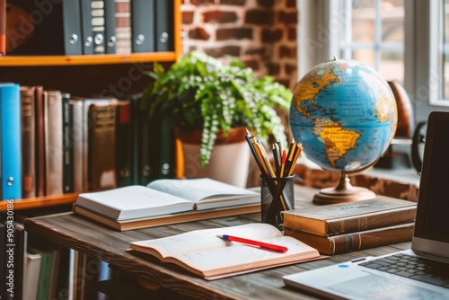 A neatly organized desk with a variety of educational tools textbooks, notebooks, pens, a laptop, and a globe essentials for effective learning