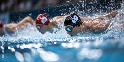 Freestyle Race Finish Multiple swimmers racing to the finish line in a freestyle event