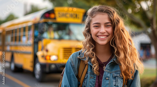 happy highschool girl excited to go back to school, standing by school bus, back to school concept