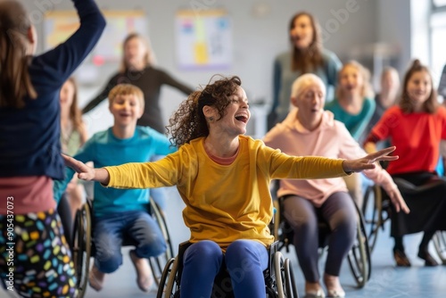 Mixed age group participating in an inclusive dance class, with people of all abilities, including wheelchair users