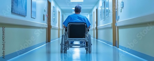 A patient sits in a wheelchair, facing a bright hospital corridor, symbolizing hope and care in healthcare settings.