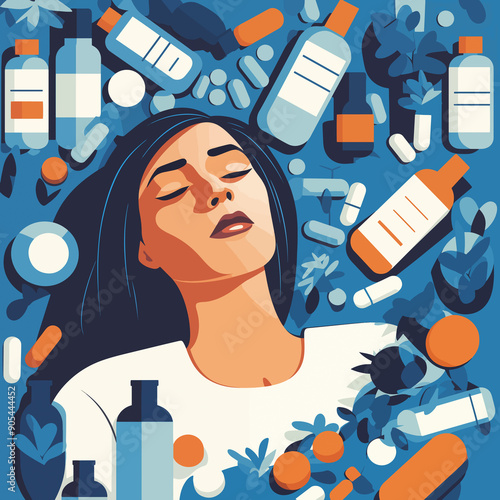 icon illustration of a woman overburdened by too many medical pills and capules, illustrating the concepts of substance abuse, addiction, polypharmacy, multiple medications, drug interactions 