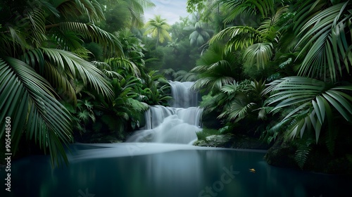 A lush rainforest scene with dense vegetation, cascading waterfalls, and exotic wildlife such as colorful birds and butterflies. The intricate details of the flora and fauna create an immersive