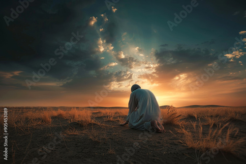 Man kneeling in prayer facing a dramatic sunset in a remote desert landscape