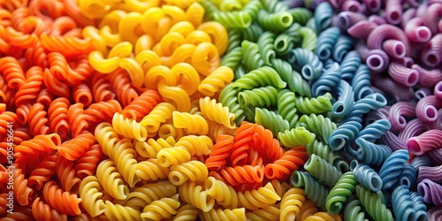 Colorful Italian pasta background. Various colors of farfalle pasta in the form of curls, penne, fusilli, rigatoni. Top view Close-up of bright, colorful fusilli pasta, raw and rolled into a spiral.