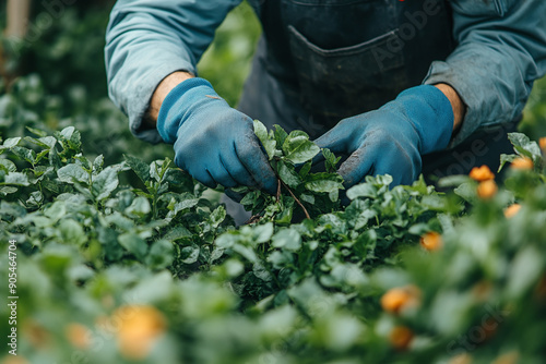 Photograph of a Gardener Pruning Plants: A horticulturist carefully trimming plants in a garden.