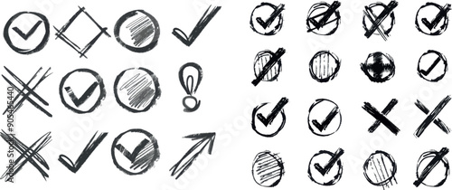 A set of modern illustration symbols that represent check boxes, exam marks, and checklist marks. Sketches of check signs, voting agreement checklist marks, and examination tasks.