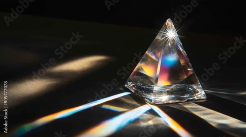 Crystal-clear capture of light refraction through crystal, prismatic effect, black background