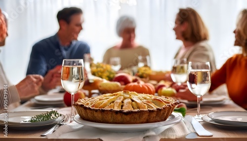 hanksgiving family dinner. Traditional apple pie and vegan meal close up, with blurred happy people around the table celebrating the holiday.