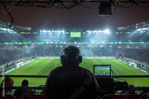 Sportscaster commentating live from stadium press box with bright field lights.