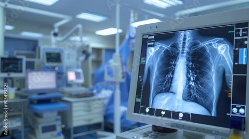 A high-definition fluoroscopy image capturing the dynamic movement within the respiratory system, showcasing real-time imaging capabilities, set in a modern radiology suite with advanced equipment