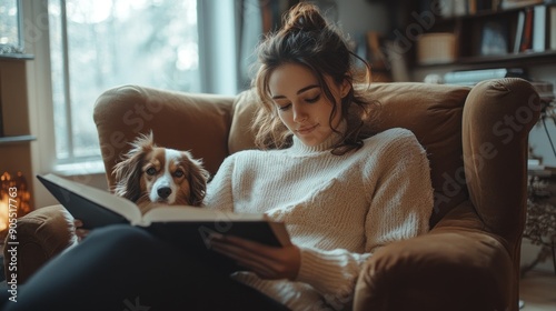 A woman sits on a comfortable armchair in her living room, reading a book with her dog curled up beside her. The room has a warm and cozy feel, with soft lighting and tasteful decor. The dog's