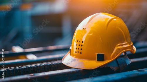 A yellow hard hat sits on a metal beam, signifying construction or industrial work. The sun shines brightly in the background, highlighting the hard hat's safety purpose.