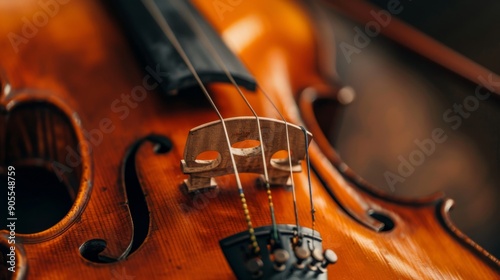 Close-up of a violin's bridge and strings, showcasing the intricate details of a classic musical instrument.