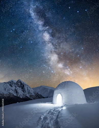 Night landscape with a snow igloo with light. Extreme house. Winter in the mountains. Sky with the stars