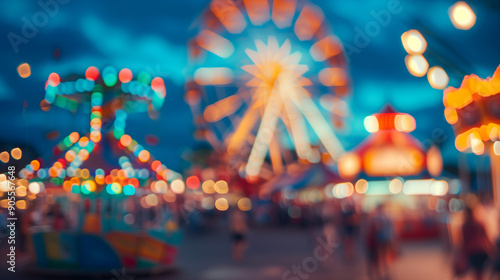 Multicolored lights blurred background with playful carousel bokeh and crowds.