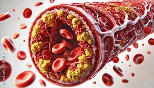 Hyperlipidemia: Atherosclerotic Blood Vessel with Plaque and High Cholesterol and Triglycerides - Detailed Illustration of a Clogged Artery-f