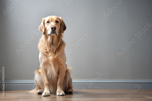 Cute golden retriever dog sitting on the floor, copy space area