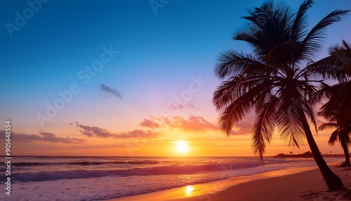 vibrant sunset palms swaying silhouettes on a tropical island beach