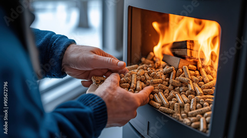 Close-up of hands adding wood pellets to a pellet stove with a fire burning inside.