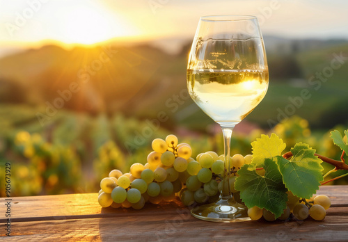 Riesling Wein im Glas bei Sonnenuntergang mit Weinreben im Hintergrund