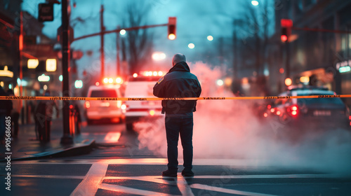 A police officer stands behind police tape blocking off a city street with emergency vehicles and flashing lights in the background at night.