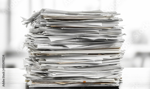 Large Stack of Papers on a Desk, Office Documents, Paperwork Overload, White Background, Work Stress, Busy Workplace, Business Administration, Organizational Chaos