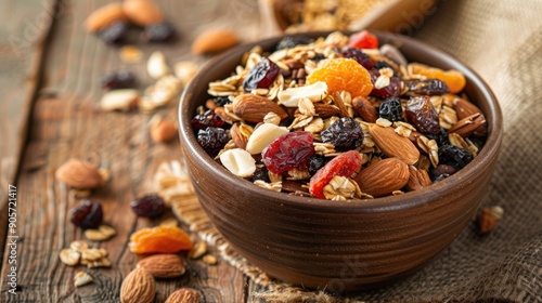 Chocolate almonds and dried fruits mix in muesli