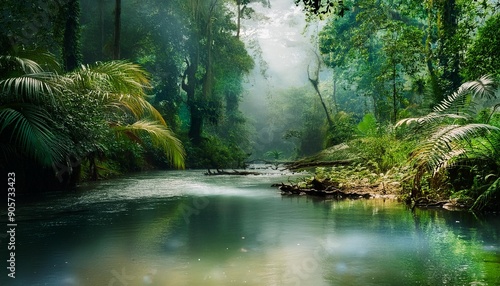 serene amazon rainforest river landscape with lush flora and fauna nature wallpaper design