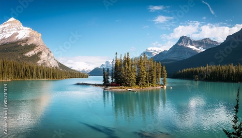 panorama view beautiful spirit island in maligne lake jasper national park alberta canada